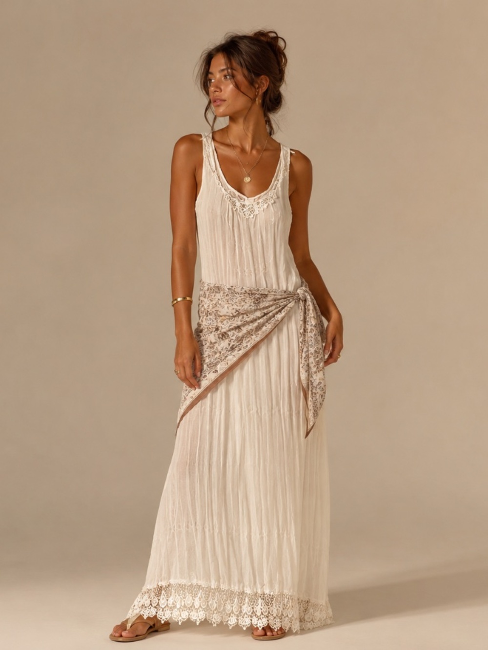 Vintage Ivory Accordian Pleated Maxi Slip Dress OS Edwardian Cottagecore Boho